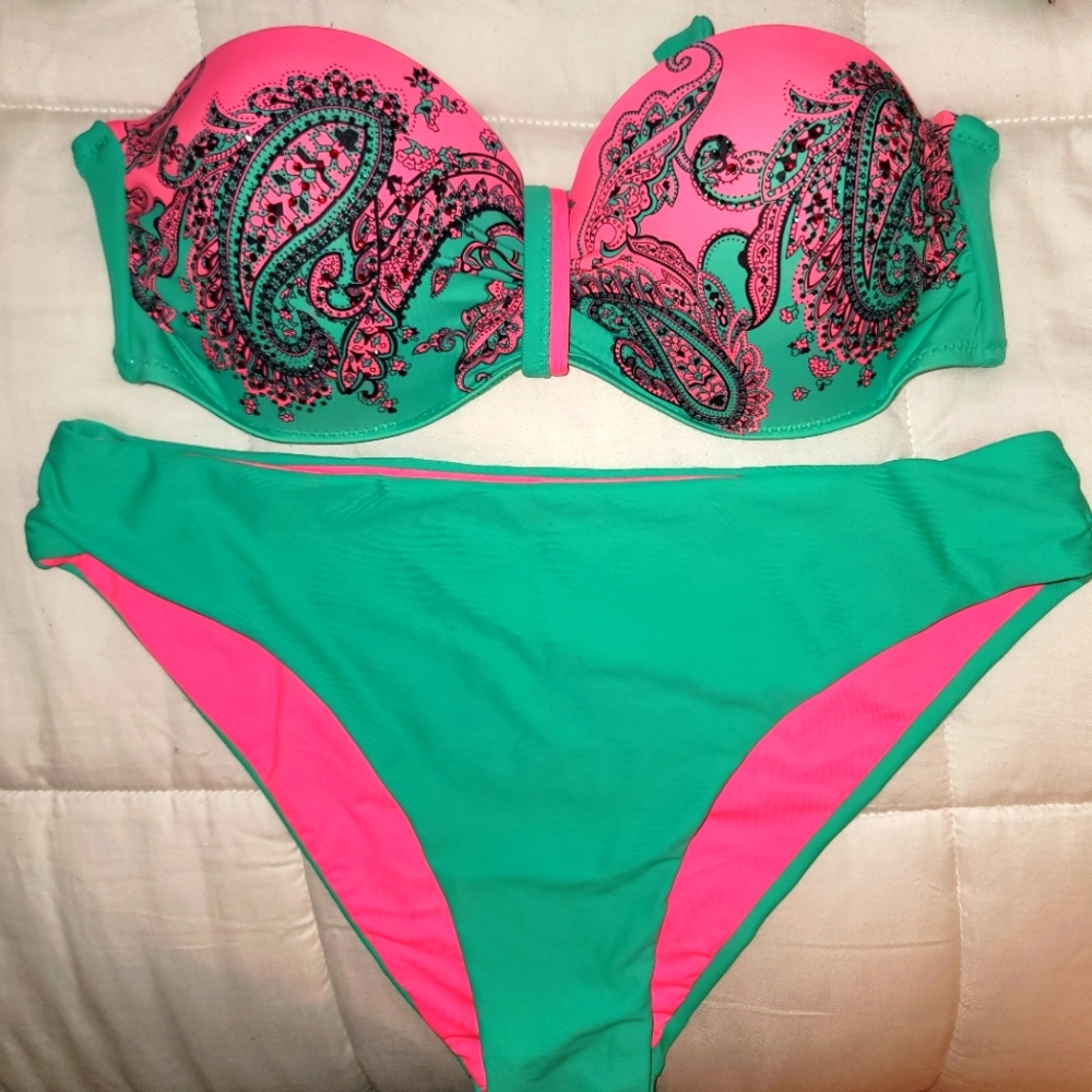 2 piece bling reversable swim suit with rhinestones